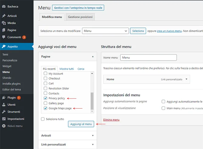 Aggiungere pagine menu WordPress