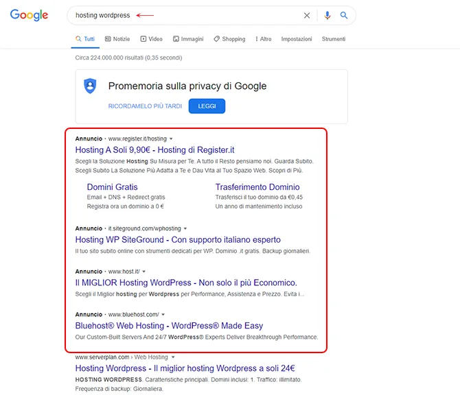 Esempio annuncio su Google ADS