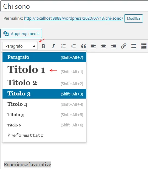 Formattazione contenuto WordPress