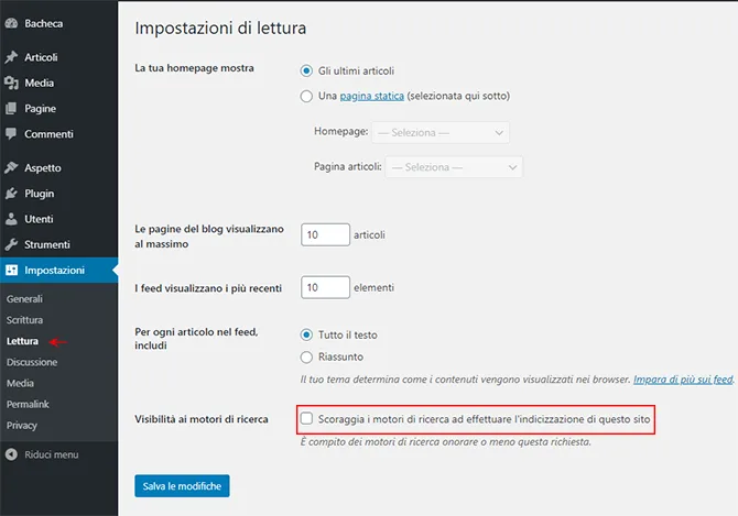 scoraggia i motori di ricerca ad effettuare l'indicizzazione di questo sito