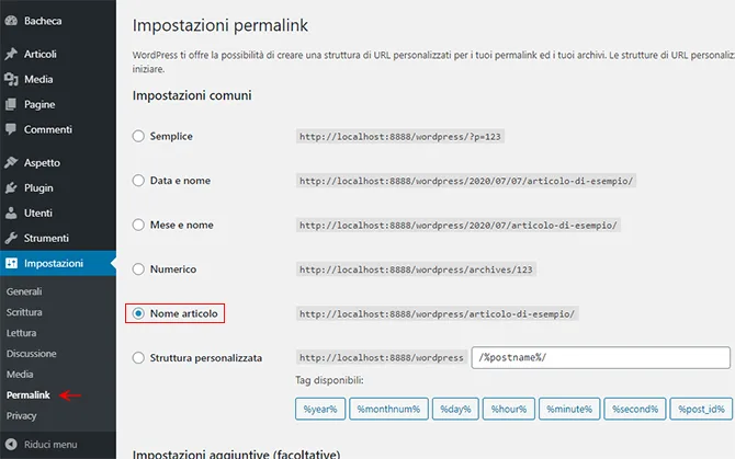 Impostazioni permalink WordPress
