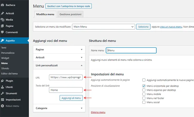 Nuova voce di menu WordPress